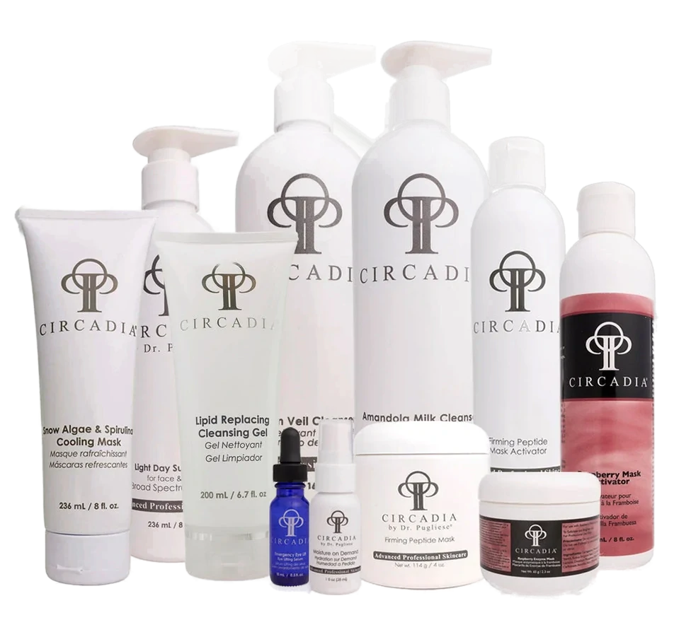 Circadia by Dr. Pugliese professional skin care products — cleansers, masks, mask activators, serums and sunscreen — grouped together on the cream background of the Luxe Lift Facial section.