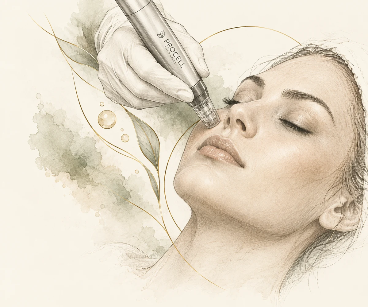 Illustration of a client reclining with eyes closed while a gloved hand holds a ProCell Microchanneling pen against her cheek