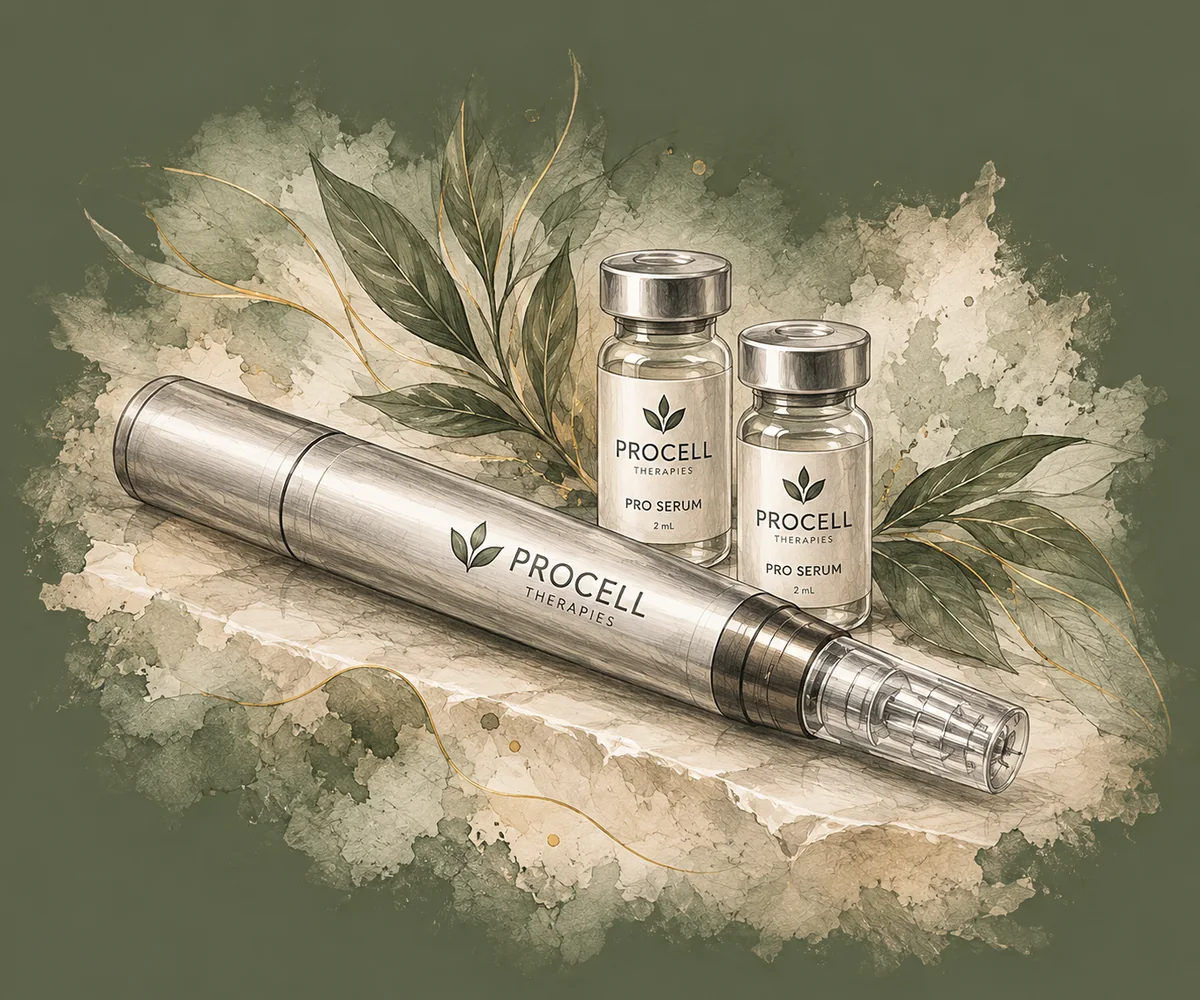 Illustration of a ProCell Therapies microchanneling pen resting on a stone slab beside two ProCell Pro Serum vials, with sage botanical leaves
