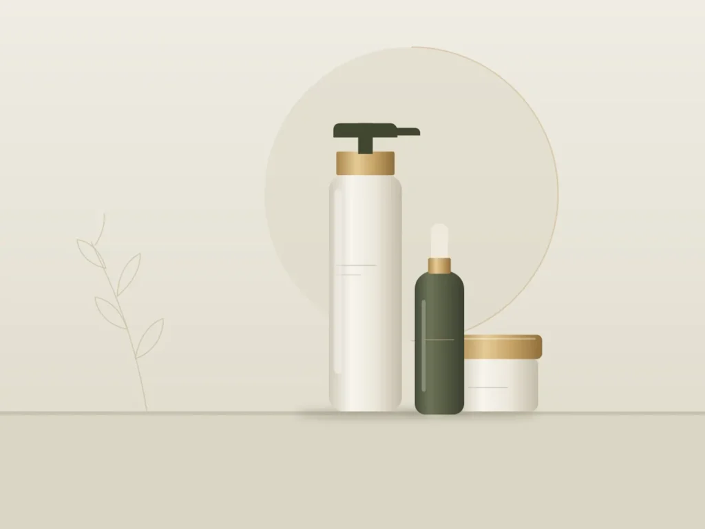 Illustrated still life of unbranded skincare bottles and a jar on a ledge, representing a home-care routine between appointments