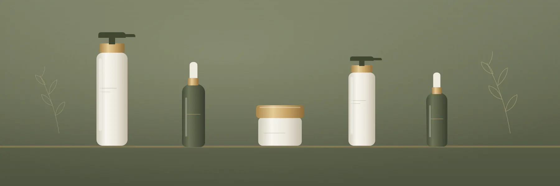 Illustrated row of unbranded skincare bottles and jars representing the range of professional skincare categories