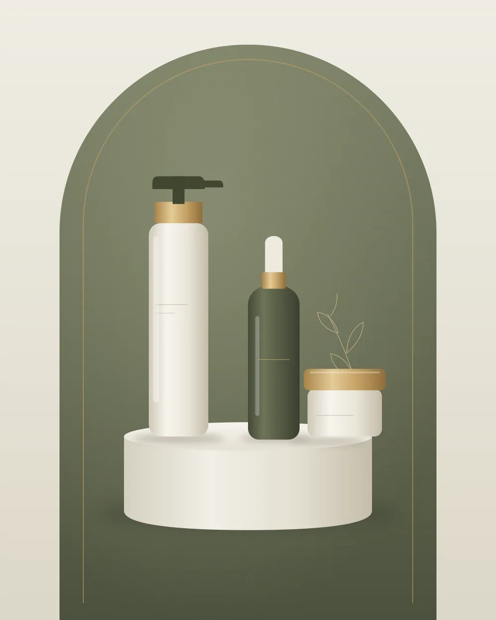 Illustrated still life of unbranded skincare bottles and a jar on a stone plinth, in the Glow Fusion Esthetic sage and cream palette