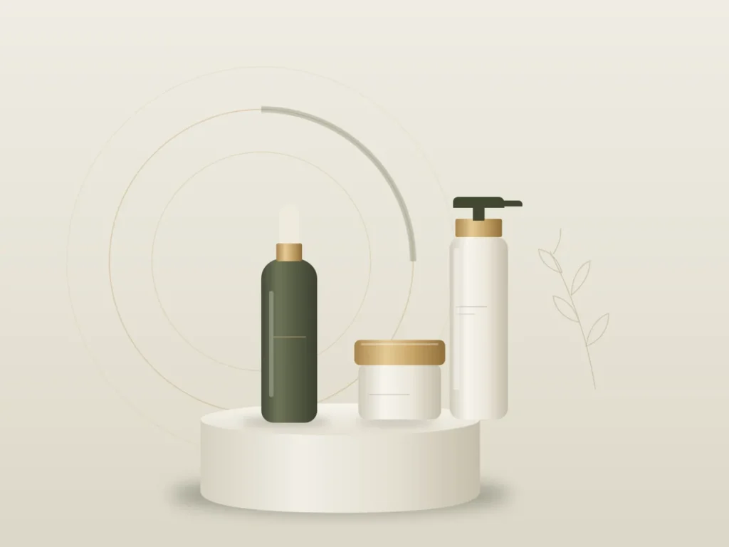 Illustration of unbranded skincare bottles with concentric champagne arcs, representing a personalized home-care routine