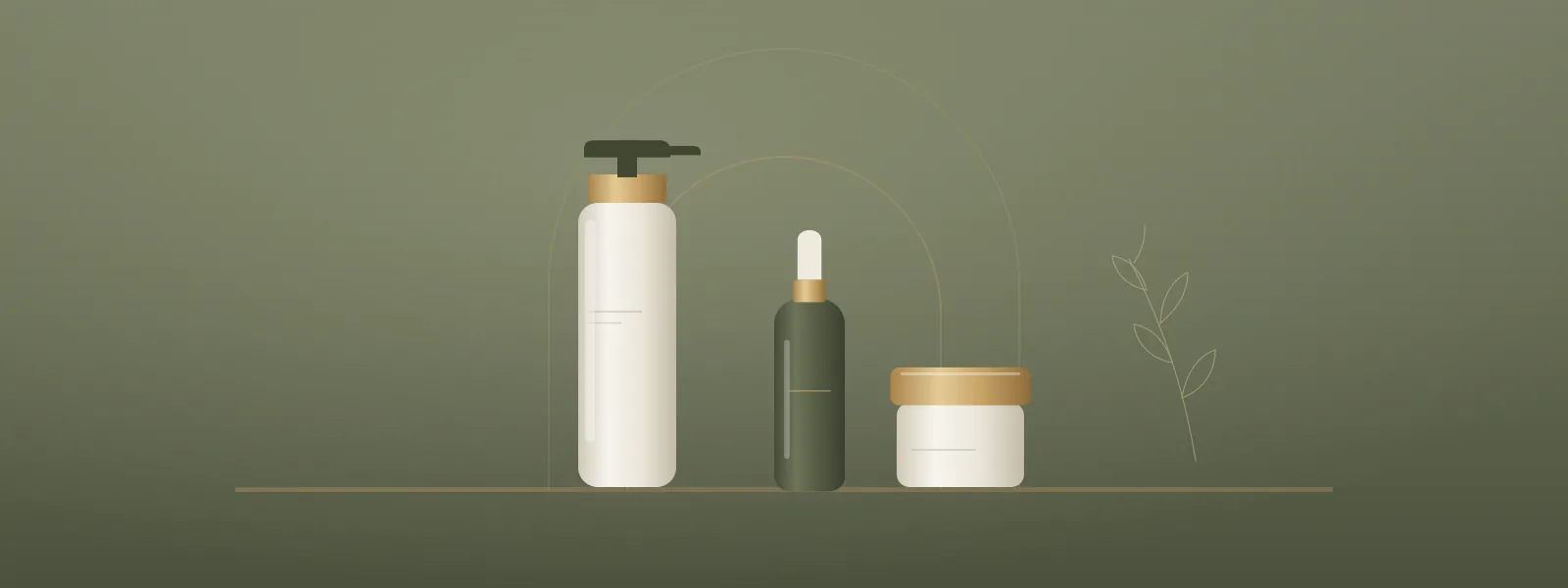 Illustrated arrangement of unbranded skincare bottles beneath champagne arches, representing the professional skincare collection